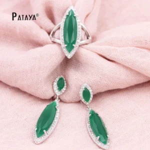 PATAYA Green Jewelry Sets True White Gold Color Natural Zircon Big Earrings Ring Fine Weddings Accessories Bride Jewelry Set