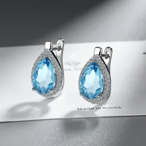 Fashion Female Earrings 925 Sterling Silver Waterdrop Shaped Blue Zircon Earrings for Women Daily Wedding Party Jewelry Gift