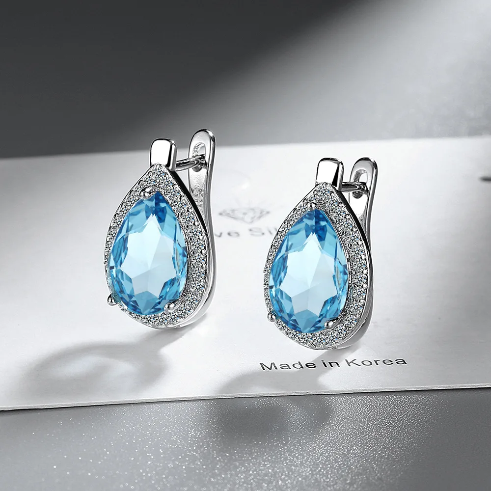 Fashion Female Earrings 925 Sterling Silver Waterdrop Shaped Blue Zircon Earrings for Women Daily Wedding Party Jewelry Gift