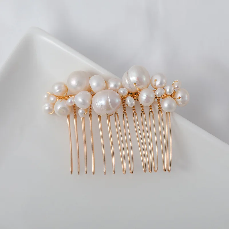 Gold Color Freshwater Pearls Jewelry Bridal Small Comb Hair Piece Handmade Fashion Girls Wedding Prom Headpiece