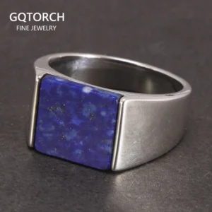 Solid 925 Sterling Silver Square Lapis Lazuli Agate Ring for Men Natural Gemstone Simple Classic Male Jewelry