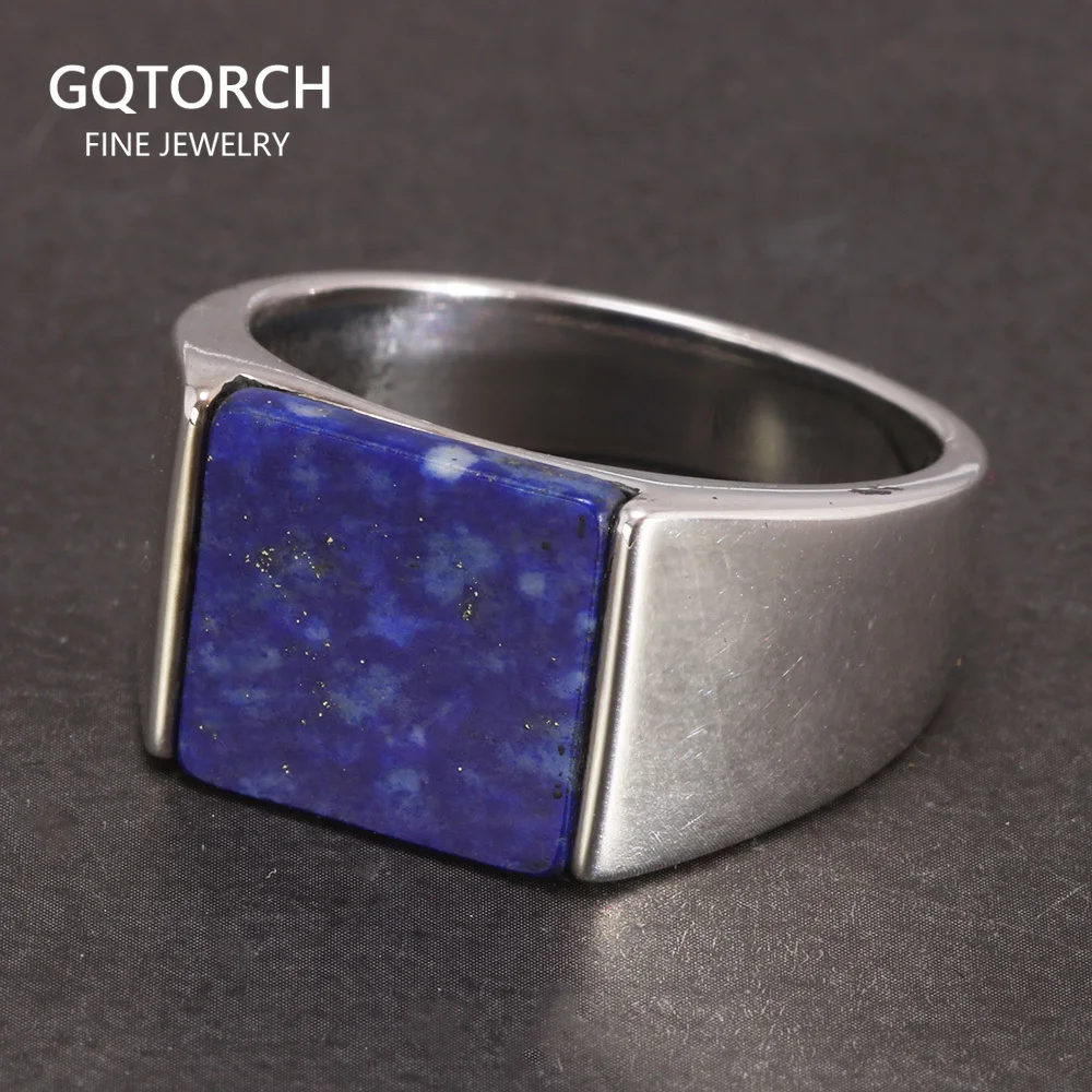 Solid 925 Sterling Silver Square Lapis Lazuli Agate Ring for Men Natural Gemstone Simple Classic Male Jewelry