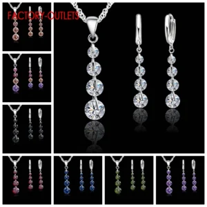 Genuine 925 Sterling Silver Pendant Necklaces Hoop Earrings Set Fashion Jewelry Round Crystal Women Girl Engagement Anniversary