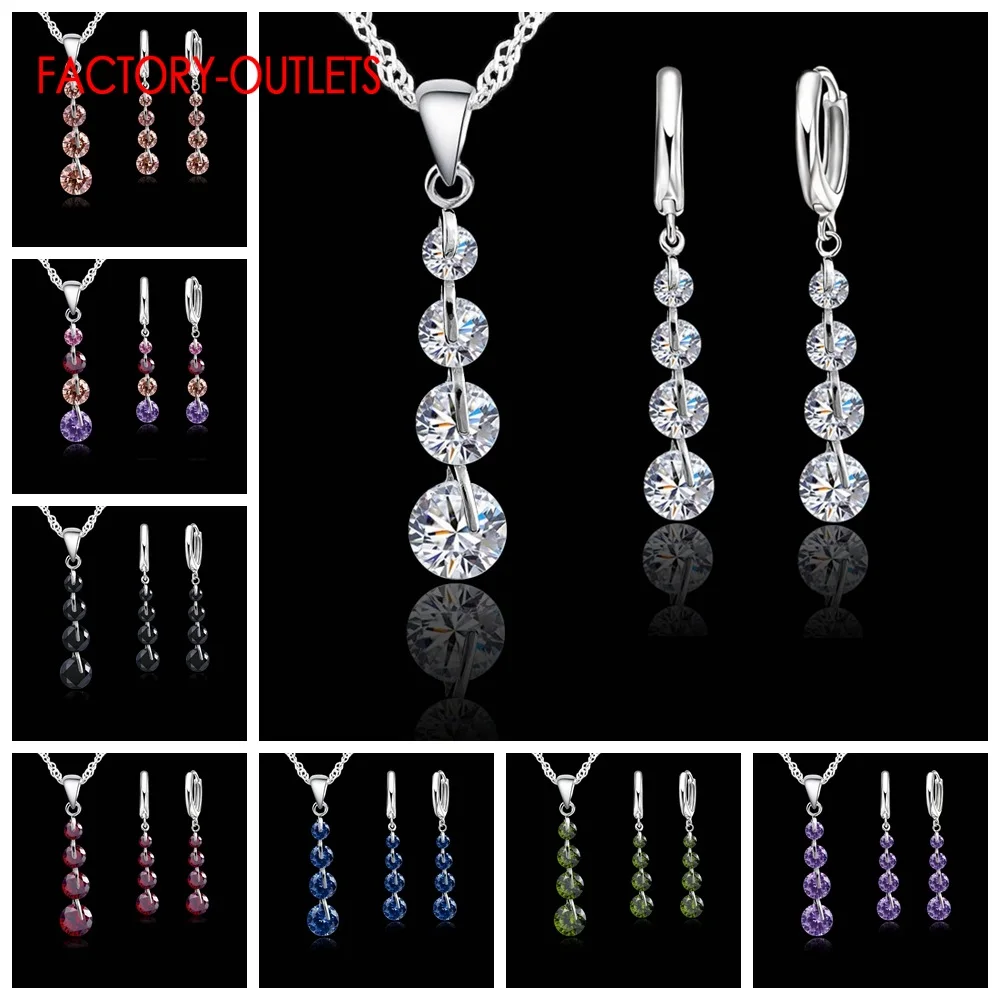 Genuine 925 Sterling Silver Pendant Necklaces Hoop Earrings Set Fashion Jewelry Round Crystal Women Girl Engagement Anniversary