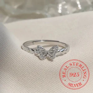 Real Money 925 Sterling Silver Simple Crystal Butterfly Adjustable Finger Rings For Women 925 Wedding Party Jewelry Gift