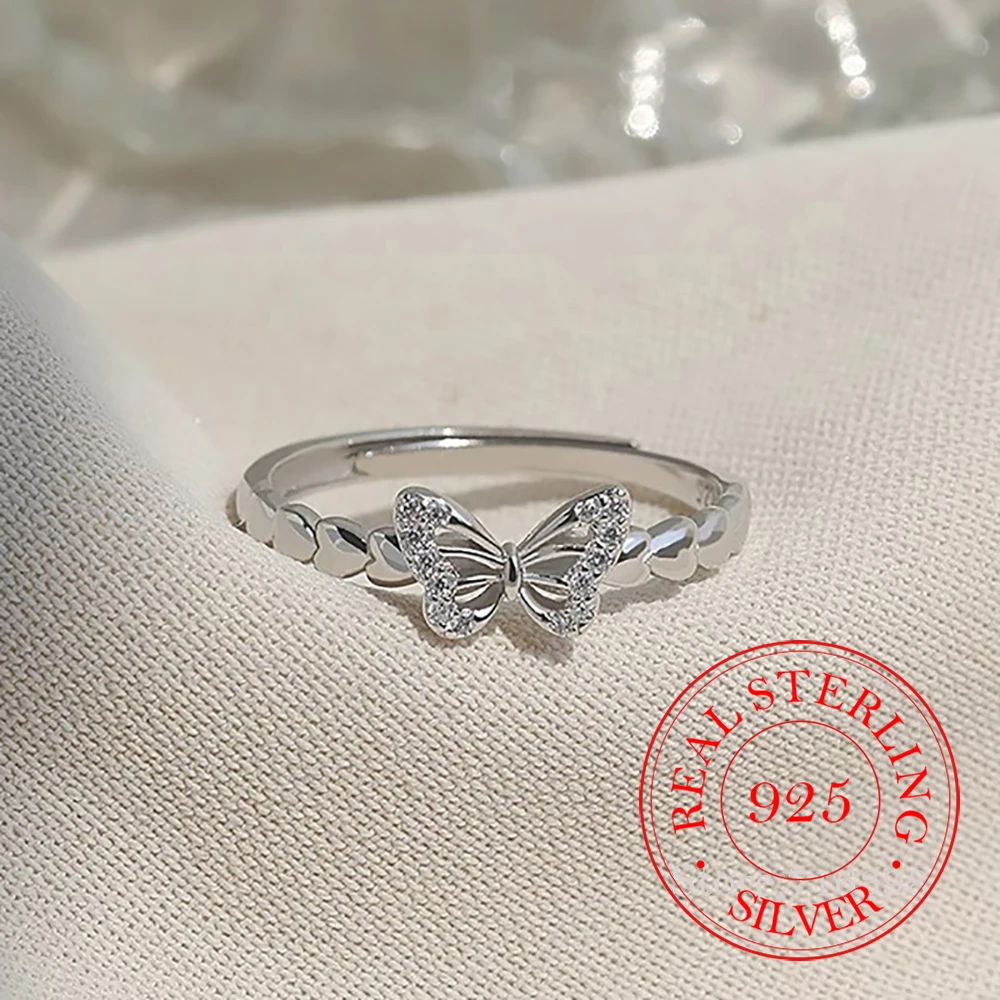 Real Money 925 Sterling Silver Simple Crystal Butterfly Adjustable Finger Rings For Women 925 Wedding Party Jewelry Gift