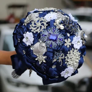 Yannew 8.3inch Navy Blue Bridal Wedding Bouquets with Rhinestone Brooch Butterfly Satin Rose Toss Bouquet for Bride Quinceanera