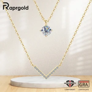 RAPRGOLD Certified Moissanite V-shape Pendant Double Necklaces Chains for Women S925 Sterling Silver Fine Jewelry Gifts Collares