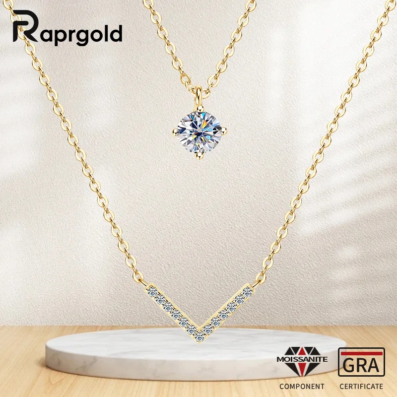 RAPRGOLD Certified Moissanite V-shape Pendant Double Necklaces Chains for Women S925 Sterling Silver Fine Jewelry Gifts Collares
