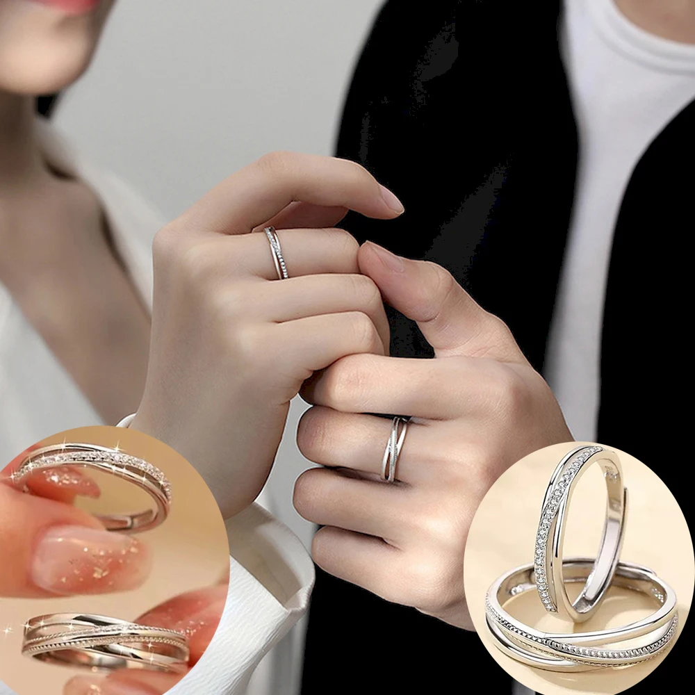 1 Pair Twist Zircon Couple Rings Copper Plated Platinum 5mm Width Men Women Finger Jewelry Wholesale Drop Shipping