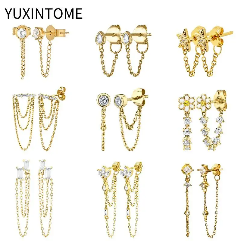 925 Sterling Silver Ear Needle Geometric Zircon Tassel Chain Stud Earrings For Women Exquisite Pendant Earrings Luxury Jewelry