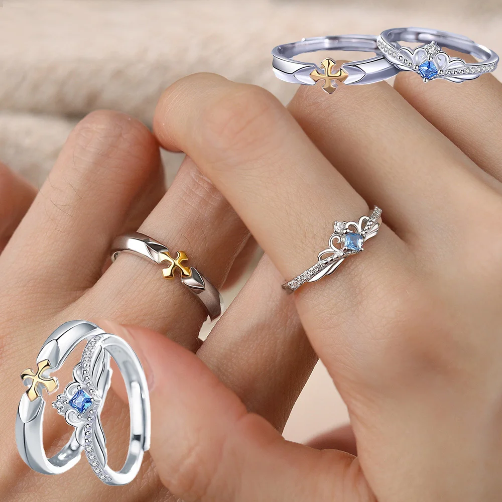 Blue Zircon Crown Cross Shield Adjustable Couple Ring Copper Plated Platinum Overlap Opening Jewelry Drop Shiping