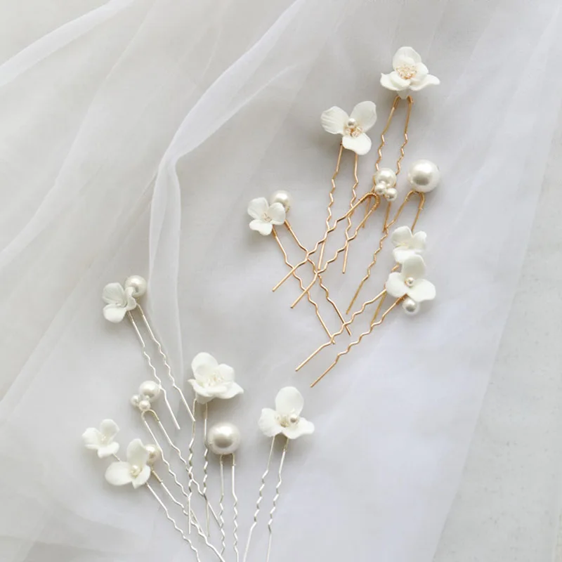 SLBRIDAL Handmade INS Ceramic Flower Leaf Pearls Bridal Hair Pin Set Wedding Hair Sticker Hair Accessories Women Hair Jewelry