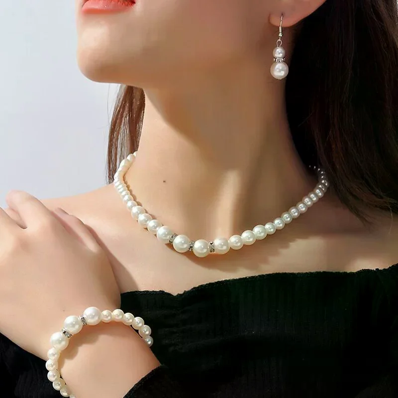 4Pcs Elegant Pearl Jewelry Set Women Earrings Necklace Bracelet Sets For Women Bridal Wedding Jewelry Gift Accessories