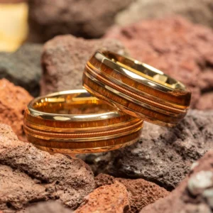 8MM Fashion Rose Gold Color Stainless Steel Guitar string Rings for Men Inlay Hawaiian koa wood Rings Wedding Band Jewelry Gifts