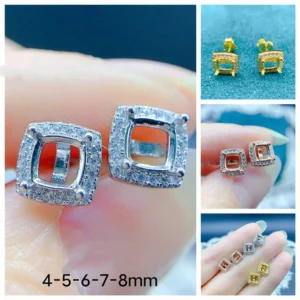 S925 Sterling Silver Inlay Pillow Shaped Square 4-5-6-7-8mm Earrings Empty Support Wedding Diamond Gift Jewelry Accessory