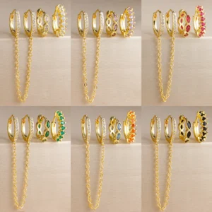 3pcs Fashion Colorful Zirconia Chain Earrings Set for Women Two Hole Round Circle Curvy Gold Color Hoop Earring Wedding Jewelry