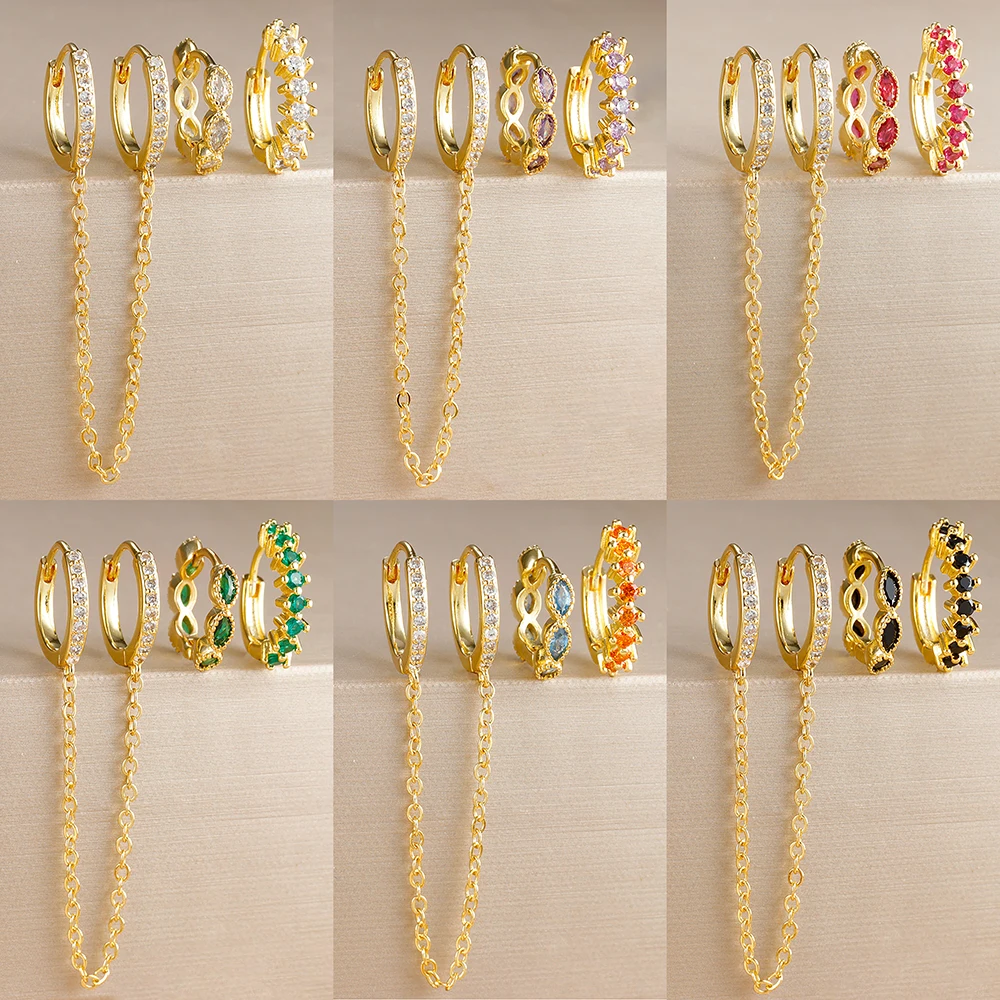 3pcs Fashion Colorful Zirconia Chain Earrings Set for Women Two Hole Round Circle Curvy Gold Color Hoop Earring Wedding Jewelry