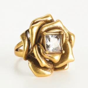 Glslcr Vintage White Zircon Rings For Women Threedimensi Gold Color Rose Flower Elegant Accessories Jewelry Quality Wedding Gift