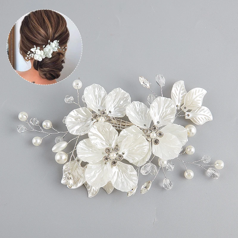 Shell Flower Petal Hair Clip Bridal Crystal Pearl Flower HairPin Floral Style Barrette Bridesmaid Wedding Hair Jewelry Accessory