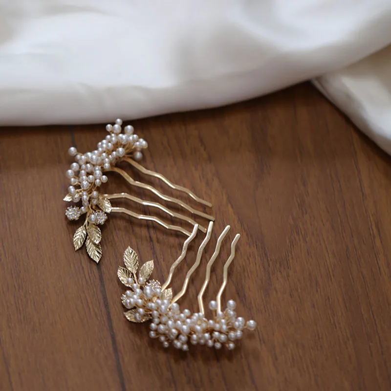 Fashion Pearls Small Bridal Combs Hair Pins Gold Color Leaf Women Headpiece Wedding Prom Hair Jewelry