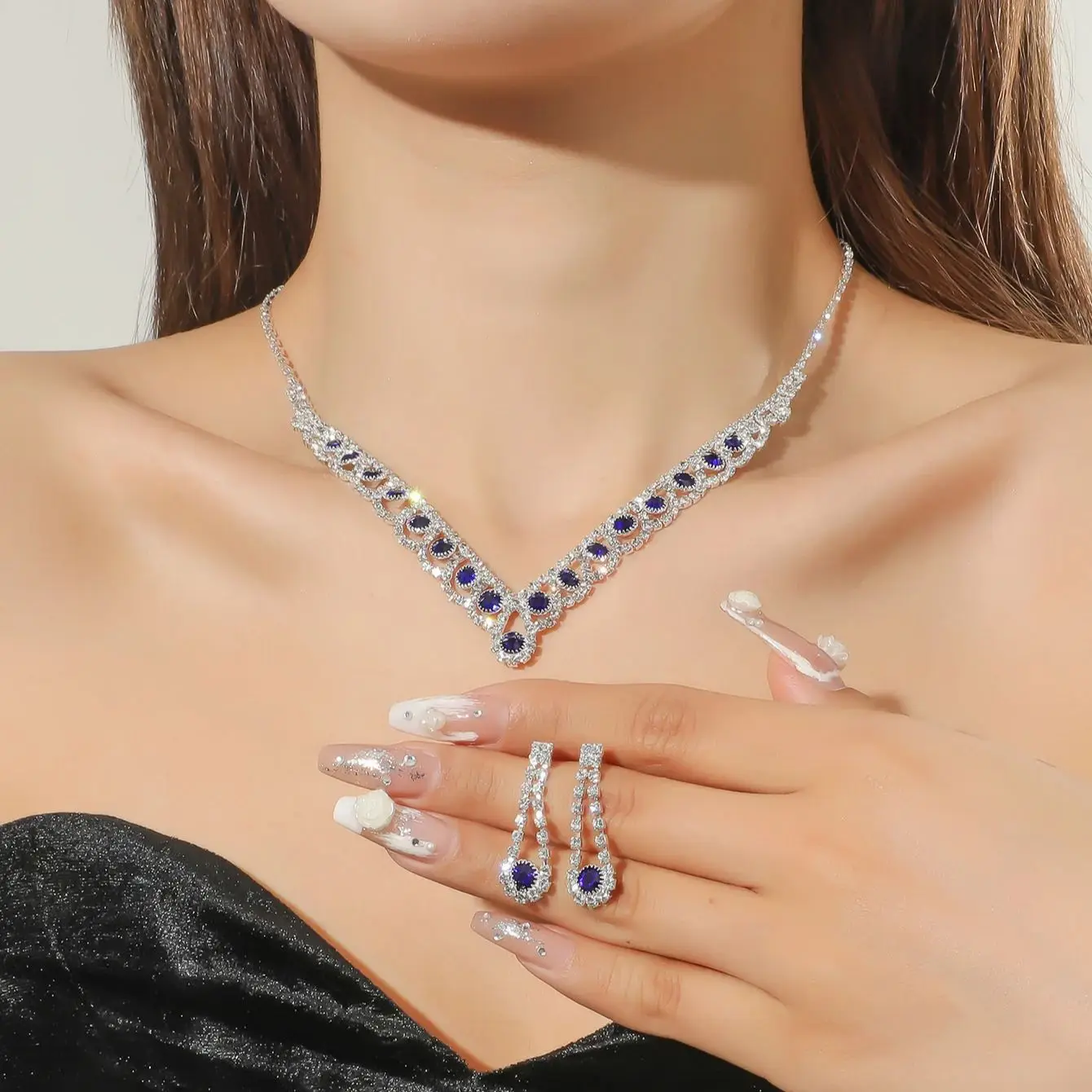 2022 New Royal Blue Crystal Bridal Jewelry Sets Rhinestone Statement Choker Necklace Earrings Women Wedding Jewelry Sets - Image 3