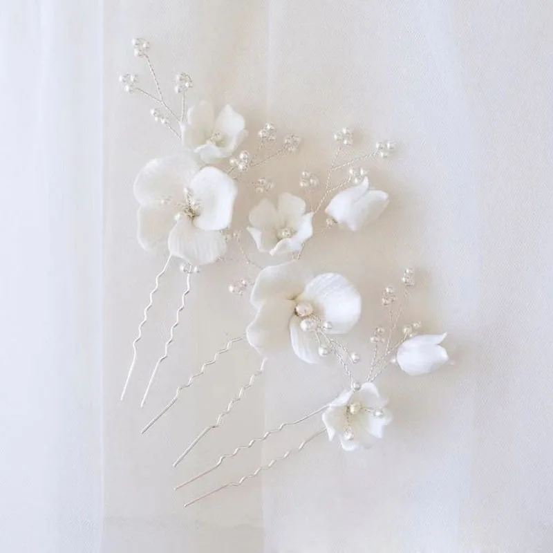 SLBRIDAL Handmade Ins Style Ceramic Flower Pearls Bridal Hair Pin Set Wedding Hair Sticker Hair Accessories Women Hair Jewelry