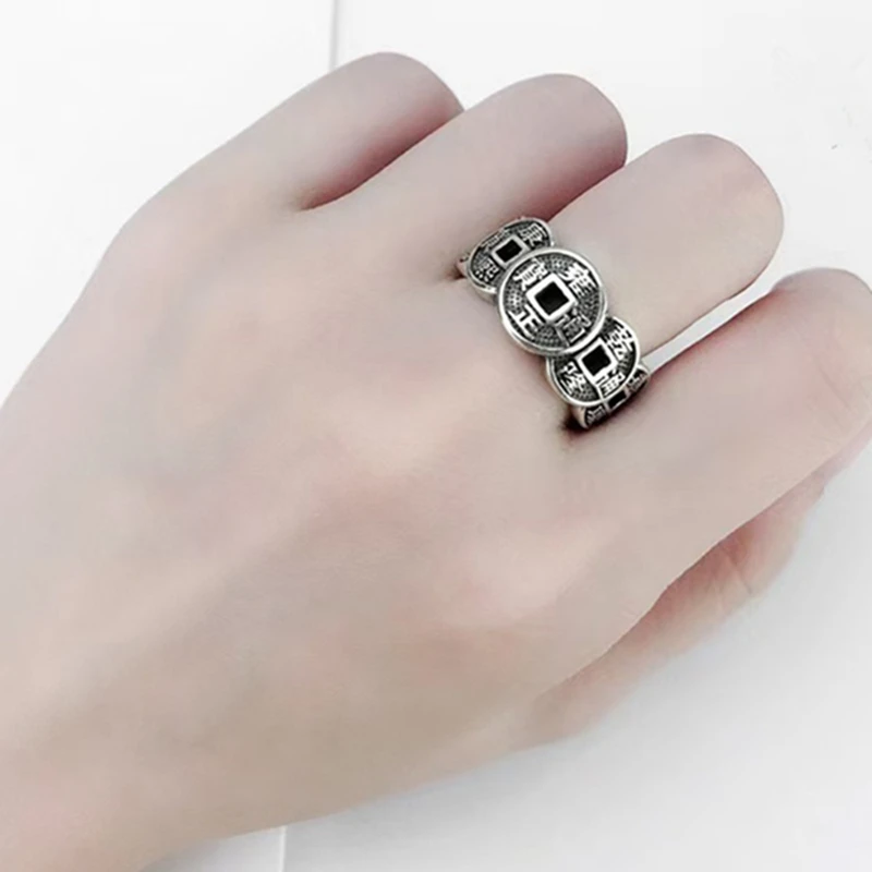 Vintage Adjustable Rings for Men Women Ethnic Five Emperors Money Coin Finger Ring Personality Creative Jewelry Accessories Gift