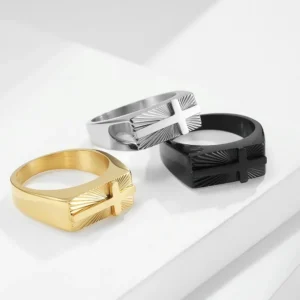 Classic Cross Signet Rings for Men Fashion Titanium Steel Geometric Rectangular Ring Christian Jewelry