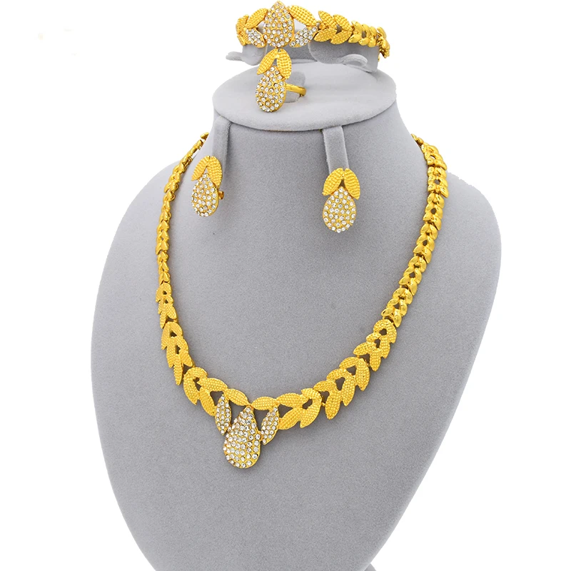 Indian Bridal Jewelry Sets For Women 24k Gold Color Ethiopian Luxury Dubai Necklace And Earrings Set Wedding Wholesale