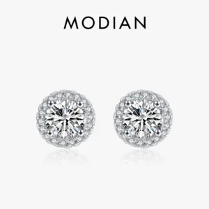 Modian Real 925 Sterling Silver Luxury Simple Cubic Zirconia Stud Earrings for Women Round CZ Wedding Statement Jewelry Gifts