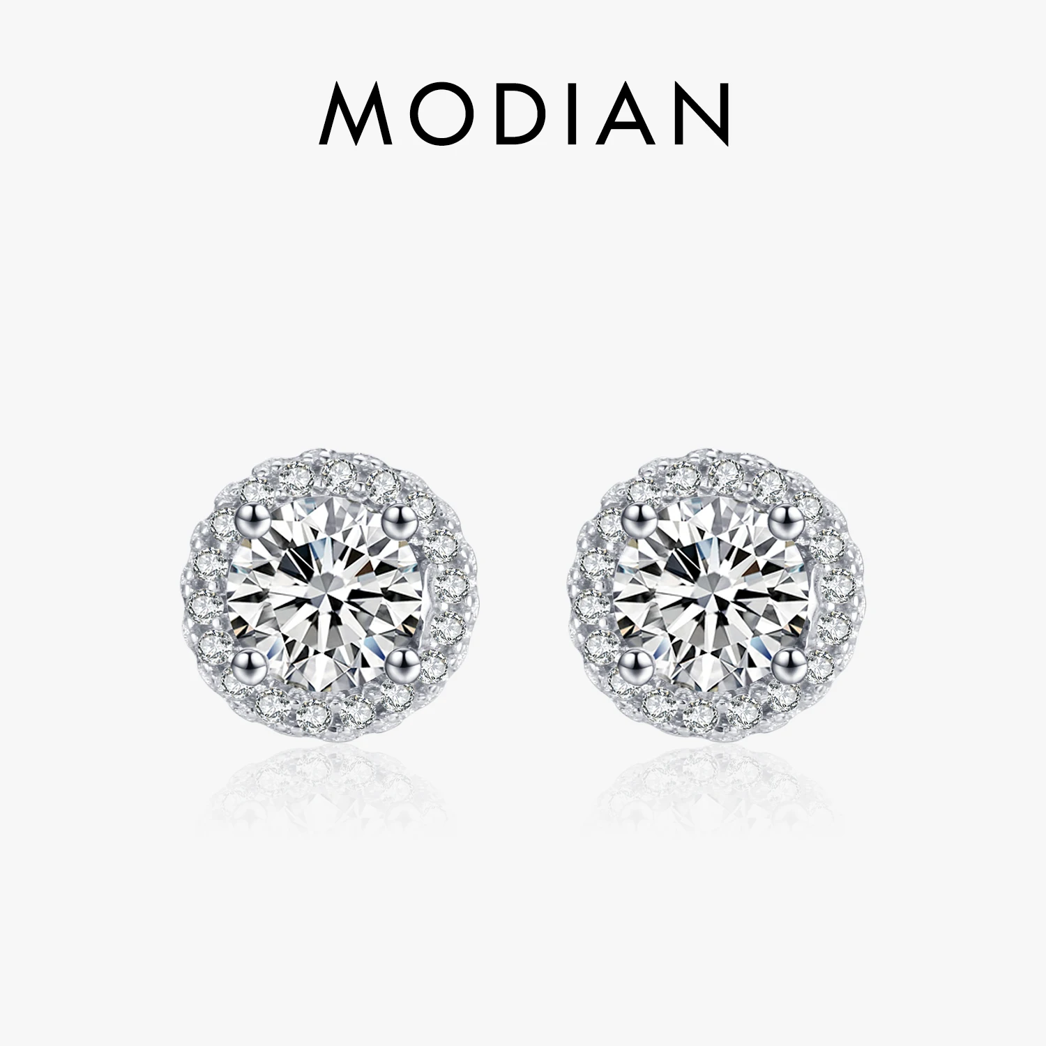 Modian Real 925 Sterling Silver Luxury Simple Cubic Zirconia Stud Earrings for Women Round CZ Wedding Statement Jewelry Gifts