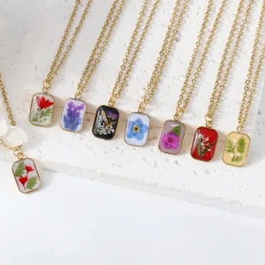Stainless Steel Cute Dried flower Pendant Necklace For Women Rectangle Geometric Clavicle Chain Wedding Jewelry Gift 2025 New
